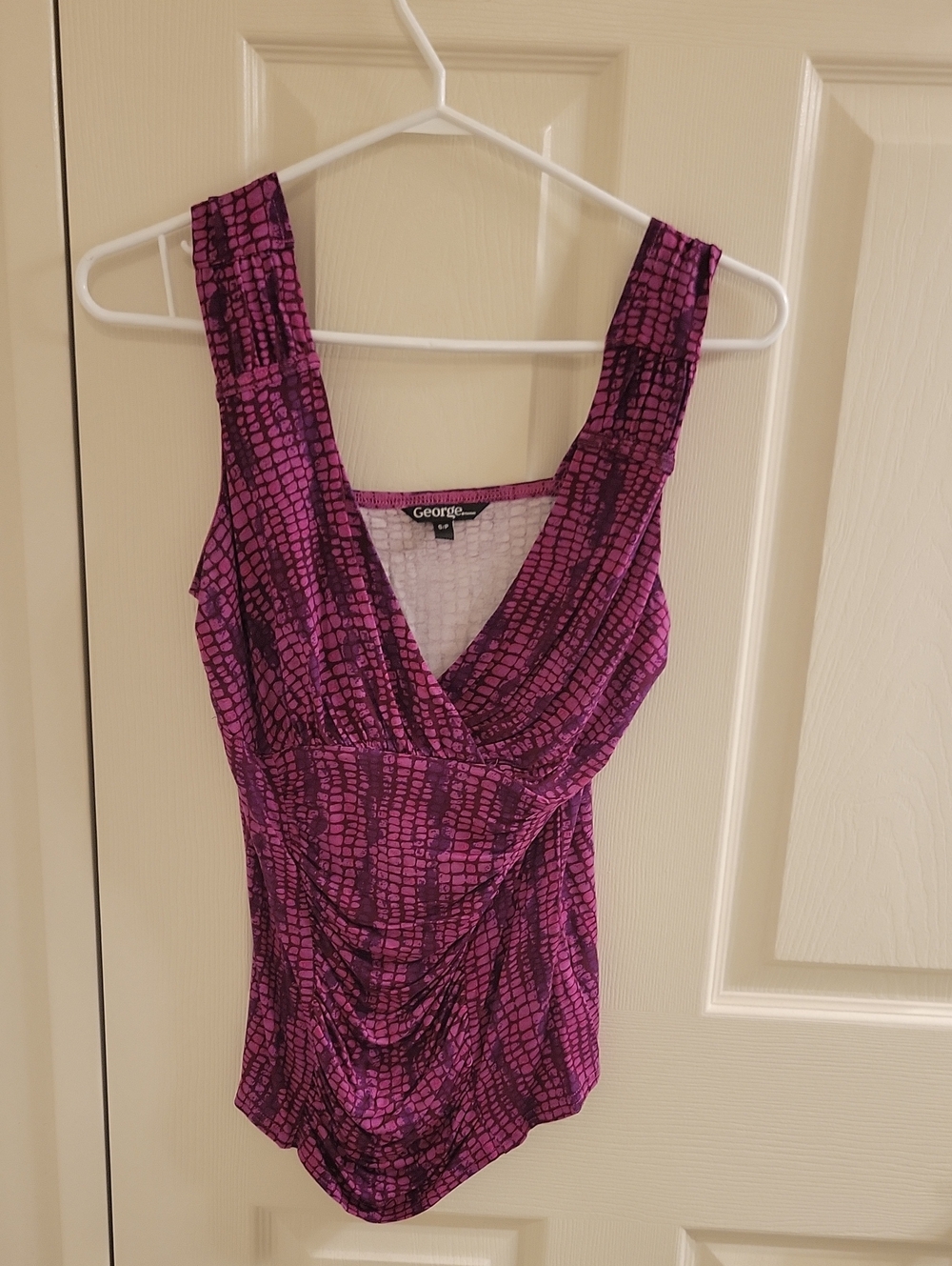 George Purple and Black Patterned Sleeveless Ruched Top